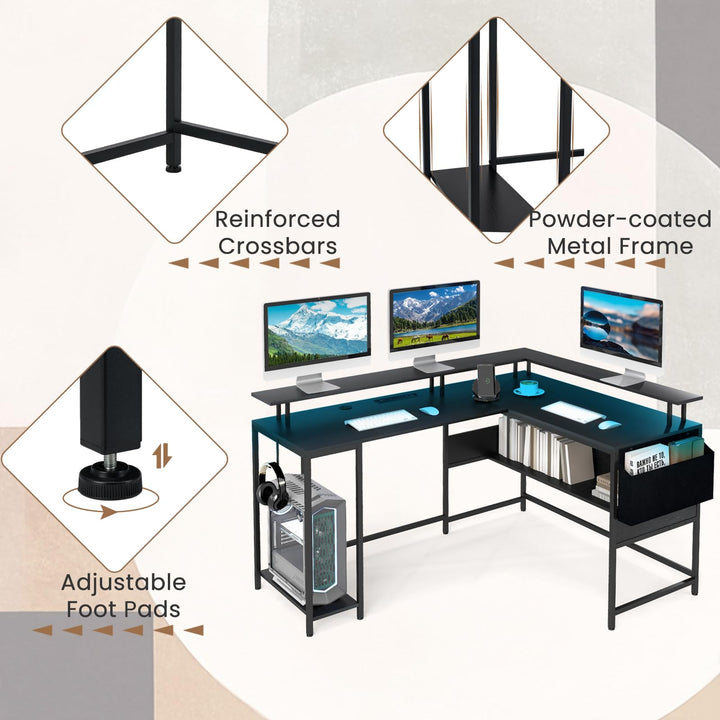 Giantex L Shaped Desk with LED Light &amp; Power Outlets Ergonomic Home Office Desk