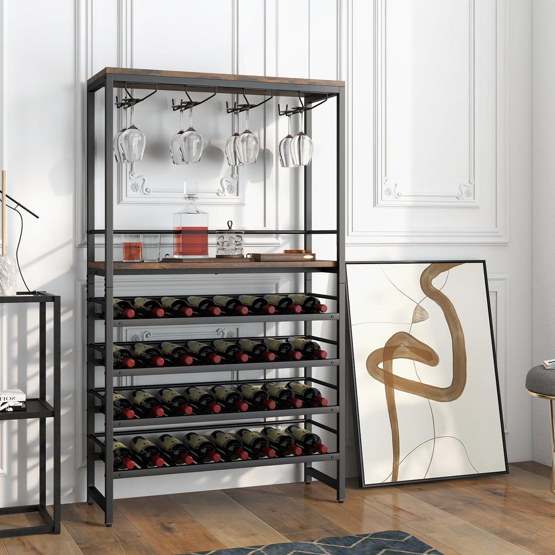 Floor Wine Rack w/ 4-Tier Wine Storage &amp; 4 Rows of Stemware Racks