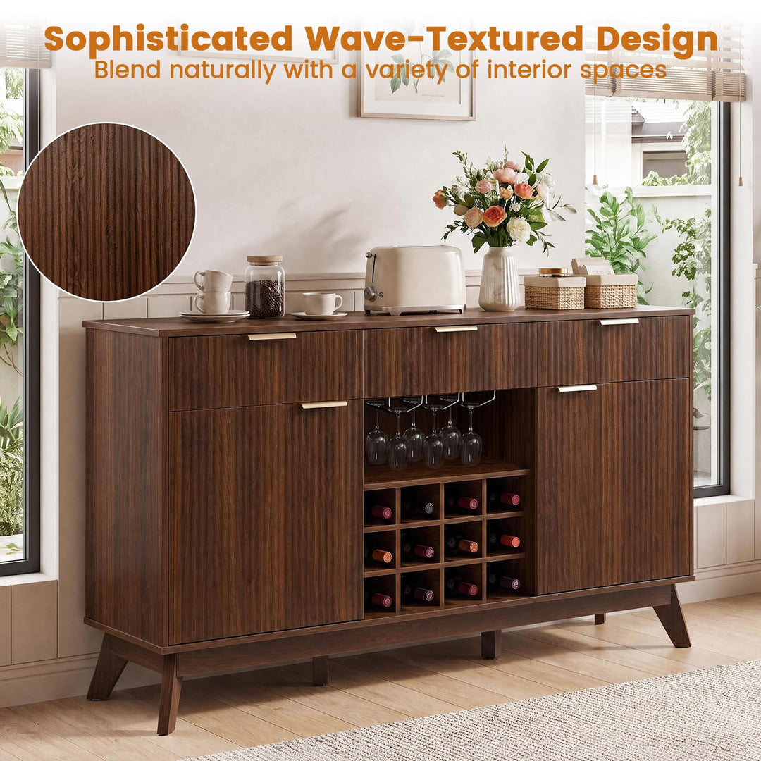 GIANTEX 60" Fluted Wine Bar Cabinet with 3 Stoarge Drawers &amp; Wine Rack Adjustable Shelves