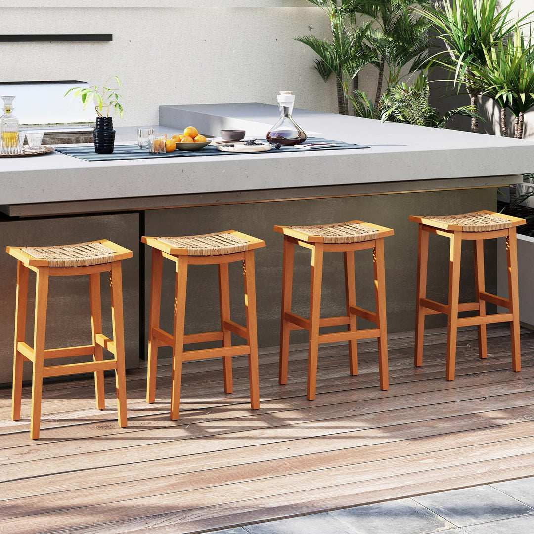 Giantex Outdoor Wooden 29" Bar Stools Set of 2/4 Backless Patio Barstools with PE Rattan Saddle Seat &amp; Footrest