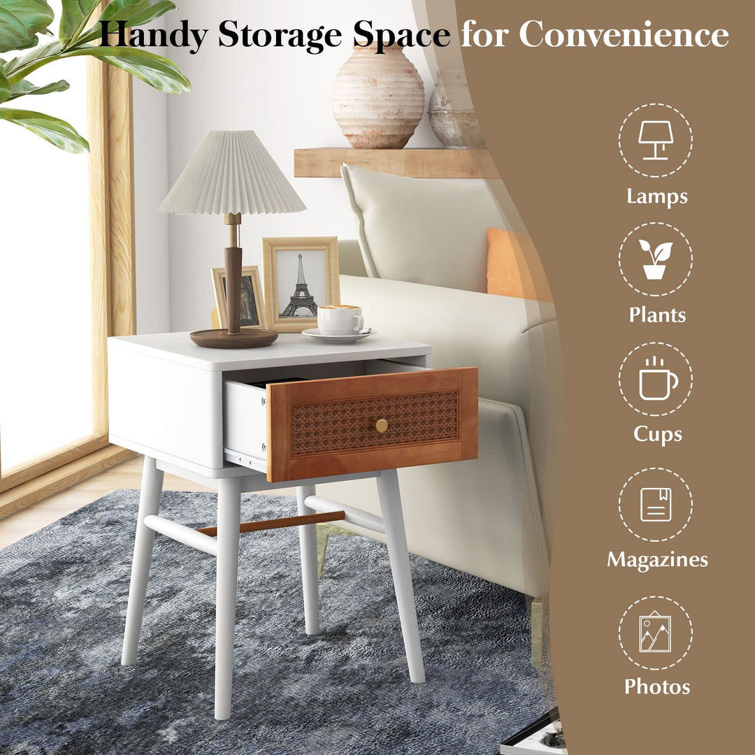 Giantex Rattan Nightstand, Boho End Side Table with Rattan Decorated Storage Drawer &amp; Solid Wood Legs