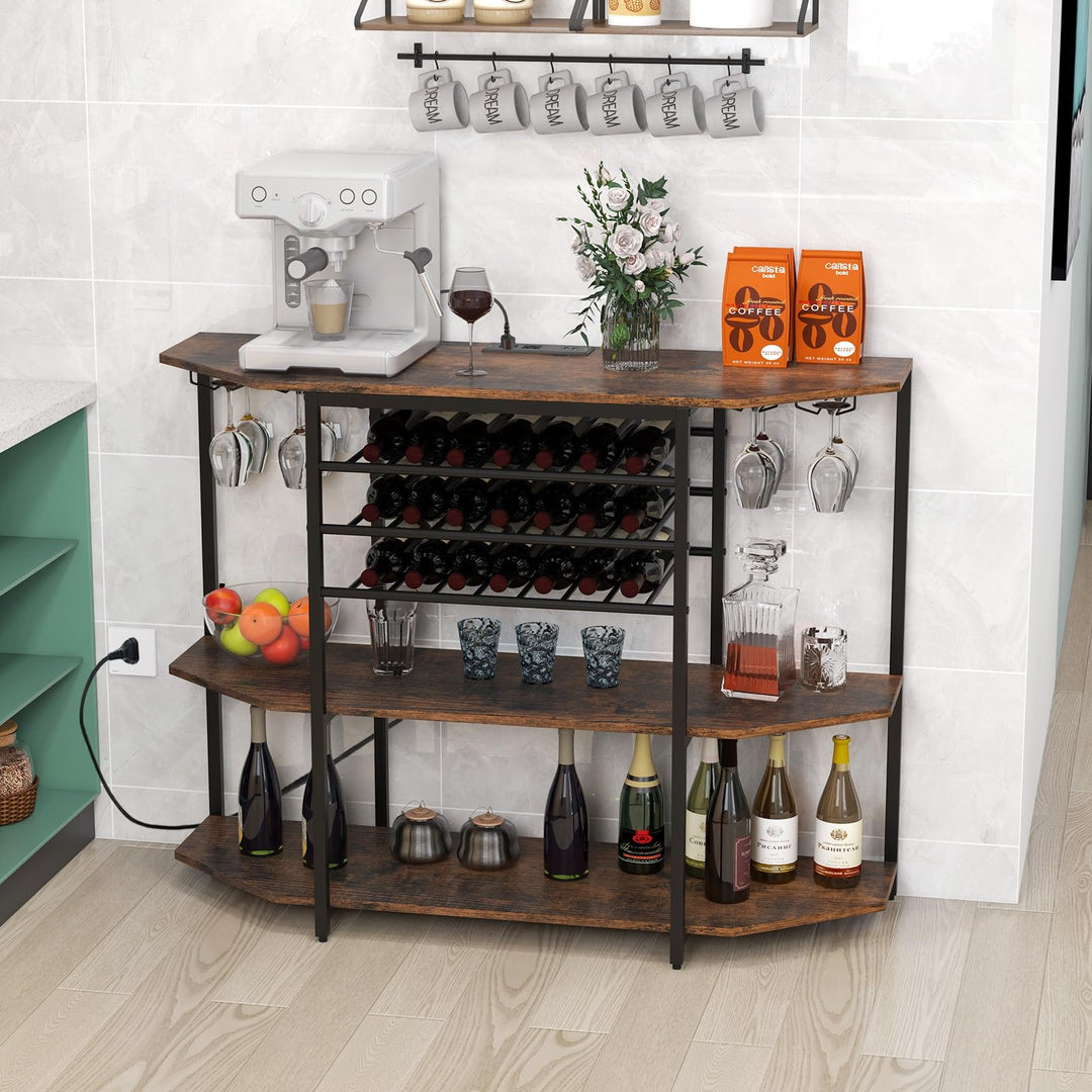 Giantex Wine Bar Cabinet with Power Outlet, Mini Coffee Bar Stand Table with 21 Bottle Wine Rack &amp; Glass Holders