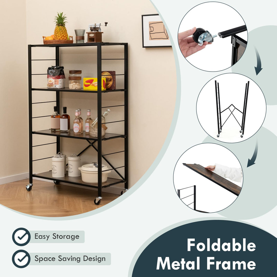 Giantex 4-Tier Folding Storage Shelf, Collapsible Shelving Unit w/Lockable Wheels &amp; Adjustable Shelf