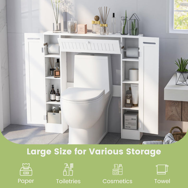 Over-The-Toilet Rack Bathroom Shelf Storage Cabinet Wooden Drop Door Freestanding Spacesaver Improvements, White