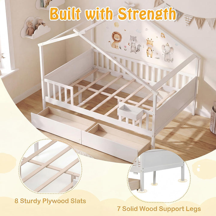 Giantex Full Size House Bed with Roof and Fence Rails for Kid