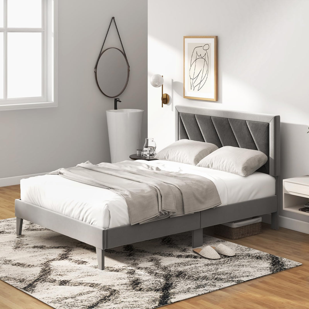 Giantex Full Size Velvet Bed Frame with Headboard, Modern Upholstered Platform Bed, No Box Spring Needed, Black &amp; Gray
