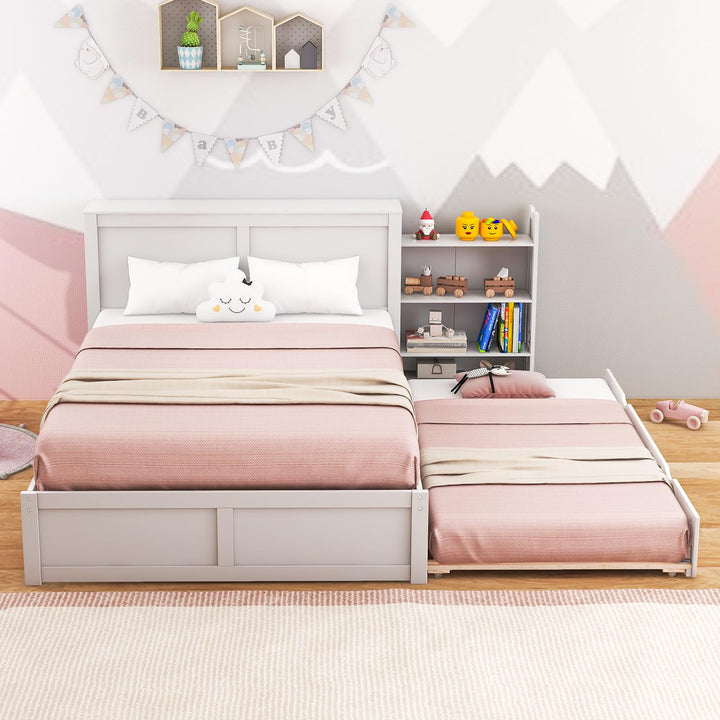 Giantex Full Bed Frame with Twin Trundle, Wooden Bed Wooden Bed Frame with 2 Rolling Bookcases &amp; High Headboard
