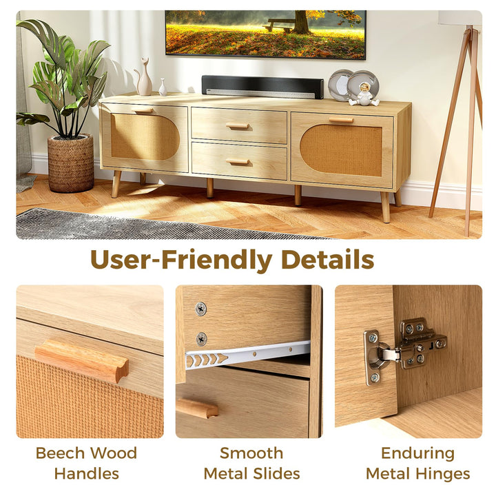 Giantex Rattan TV Stand for TVs up to 65 Inch, 59" TV Console Cabinet with Drawers &amp; Solid Wood Legs