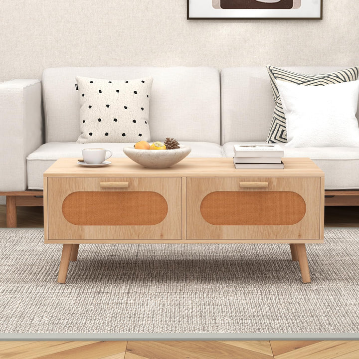 Giantex Rattan Coffee Table, Mid Century Modern Center Table with 2 Storage Drawers &amp; Back Compartment