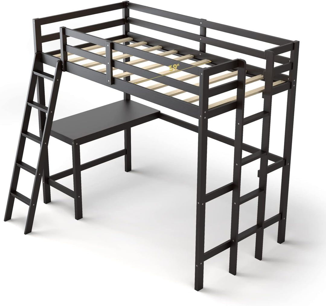 Giantex Twin Size Loft Bed with Desk, Solid Wood Loft Bed with 2 Ladders &amp; Full Length Guardrail