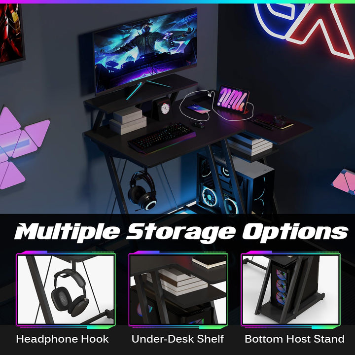 Giantex L Shaped Gaming Desk with Outlets &amp; USB Ports, Small Computer Desk with Monitor Shelf