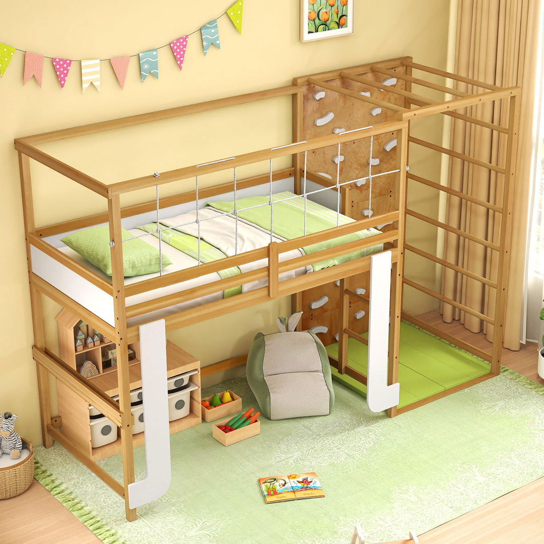 Giantex Twin Bunk Bed with Jungle Gym Wooden Loft Bed with Climbing Ladder