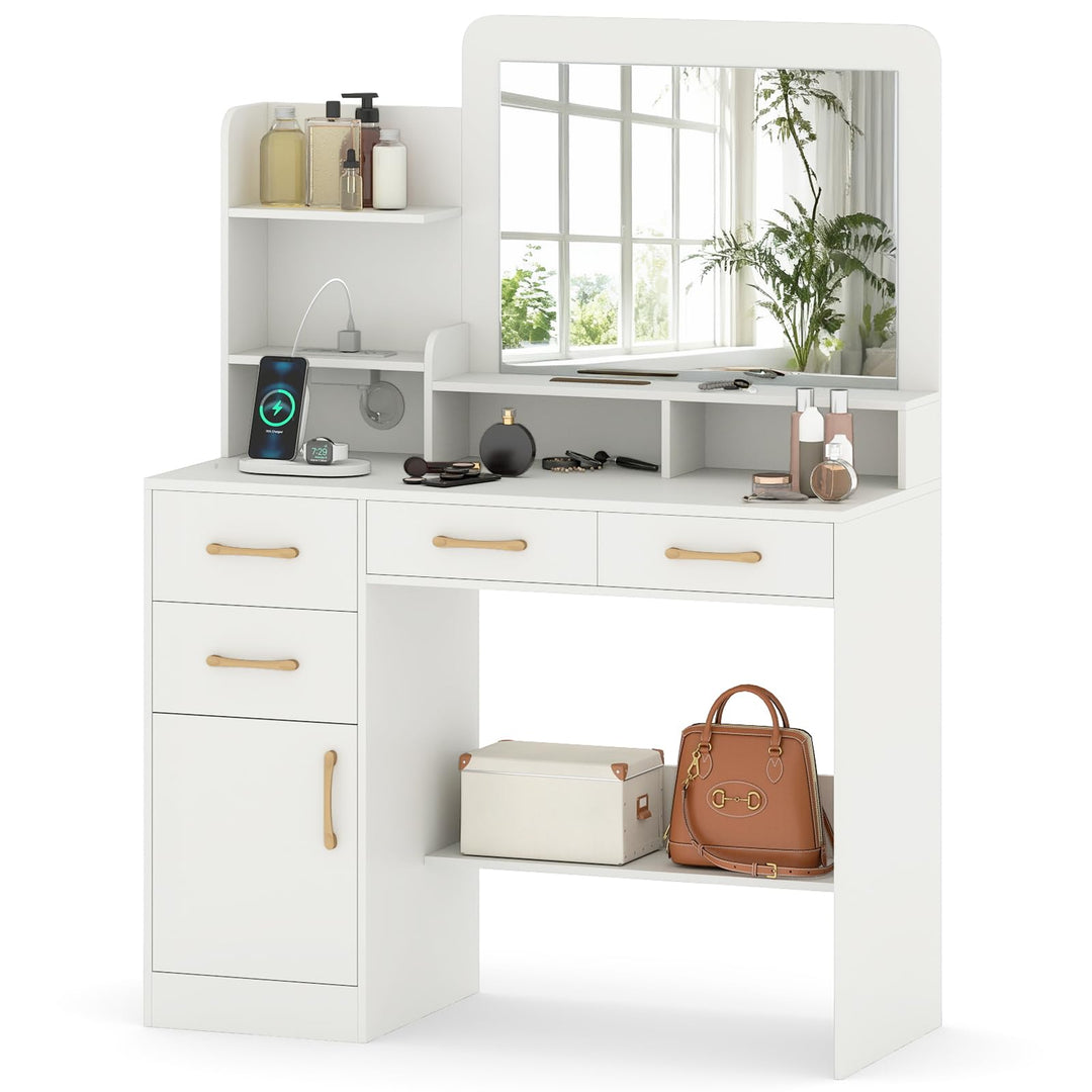 Giantex 39.5 Inch Vanity Desk with Power Outlets and Mirror for Bedroom