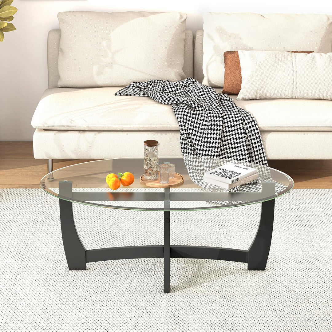 Giantex Glass Coffee Table, 48" Oval Accent Tea Table with Tempered Glass Top &amp; Solid Wood Structure