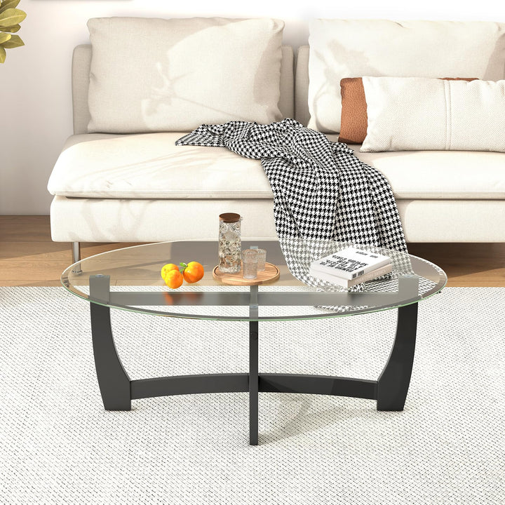 Giantex Glass Coffee Table, 48" Oval Accent Tea Table with Tempered Glass Top &amp; Solid Wood Structure