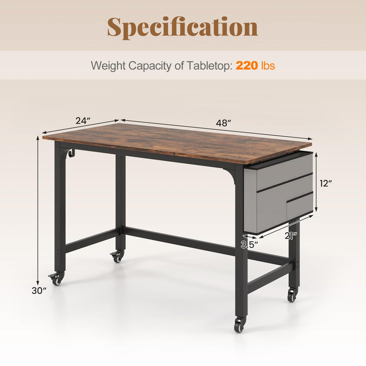 Giantex 48" Rolling Computer Desk, Mobile Study Writing Desk with Wheels &amp; Metal Frame, Simple Style Home Office Work Bench