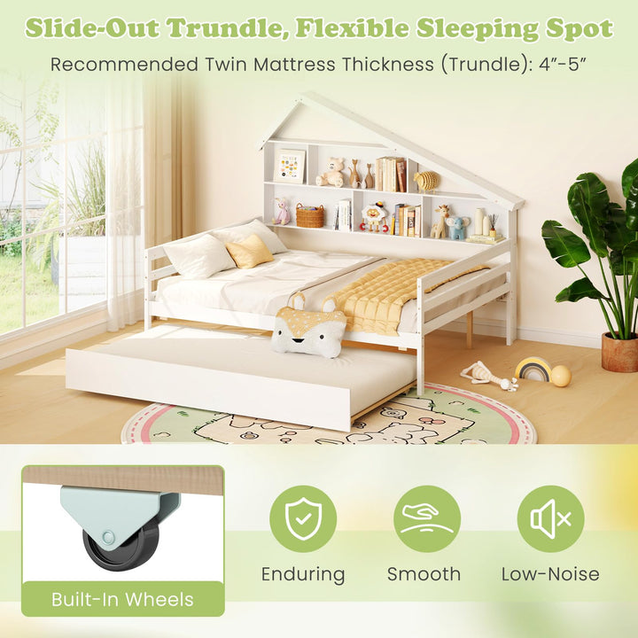 Giantex Full House Bed with Twin Trundle, Wood Daybed with 5 Cube Storage Bookcase &amp; Headboard