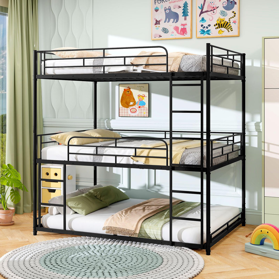 Giantex Metal Full Over Full Over Full Bunkbeds with Safety Guardrails &amp; 2 Ladders