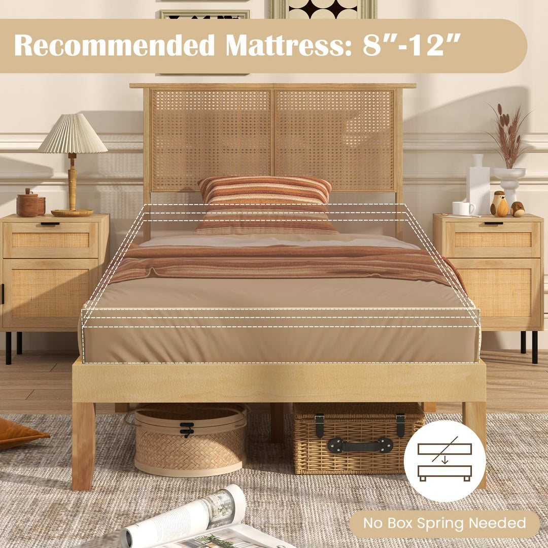 Giantex Queen/Full/Twin Size Bed Frames with Rattan Headboard, Boho Solid Wood Platform Bed with Wooden Slats