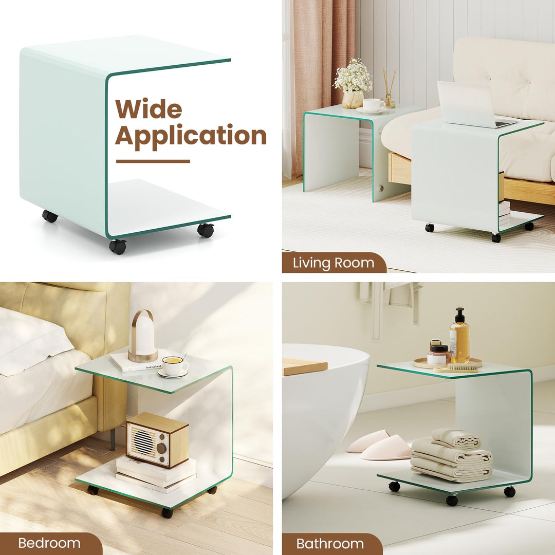 Giantex C-Shaped End Table with Wheels - Mobile Tempered Glass Sofa Couch Side Table w/2-Tier Storage Shelf