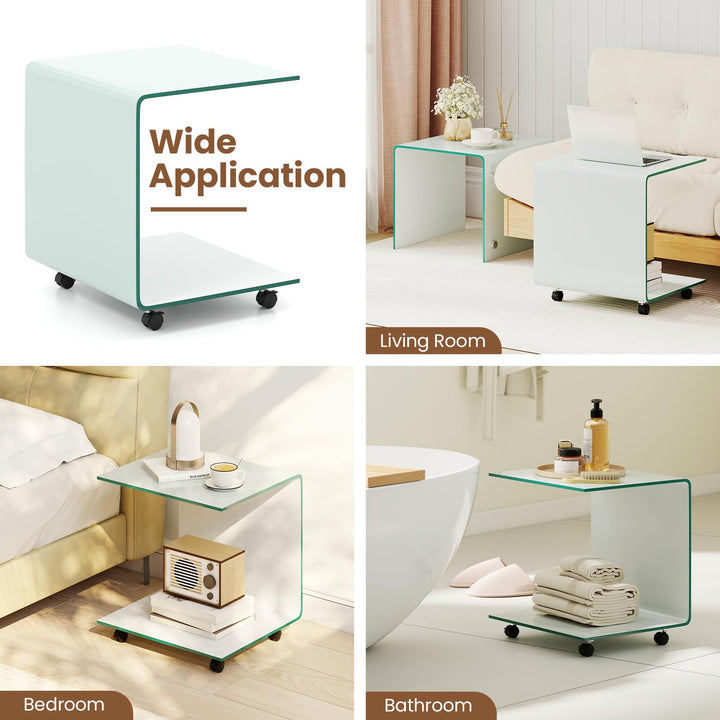 Giantex C-Shaped End Table with Wheels - Mobile Tempered Glass Sofa Couch Side Table w/2-Tier Storage Shelf