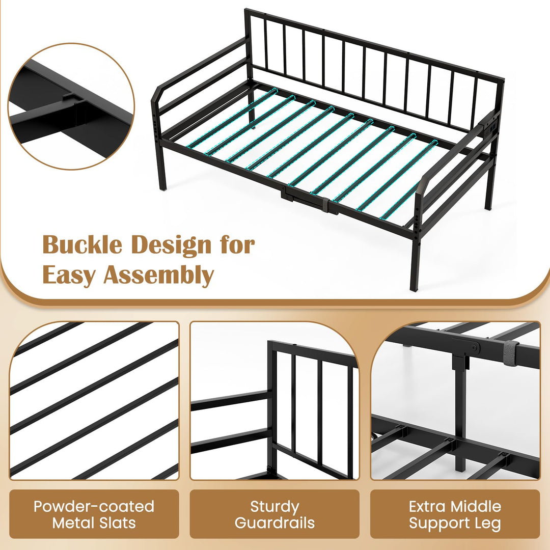 Giantex Twin Daybed with Trundle, Twin Bed Frame with Charging Station &amp; LED Lights, Metal Trundle Bed Twin w/Steel Slats Support