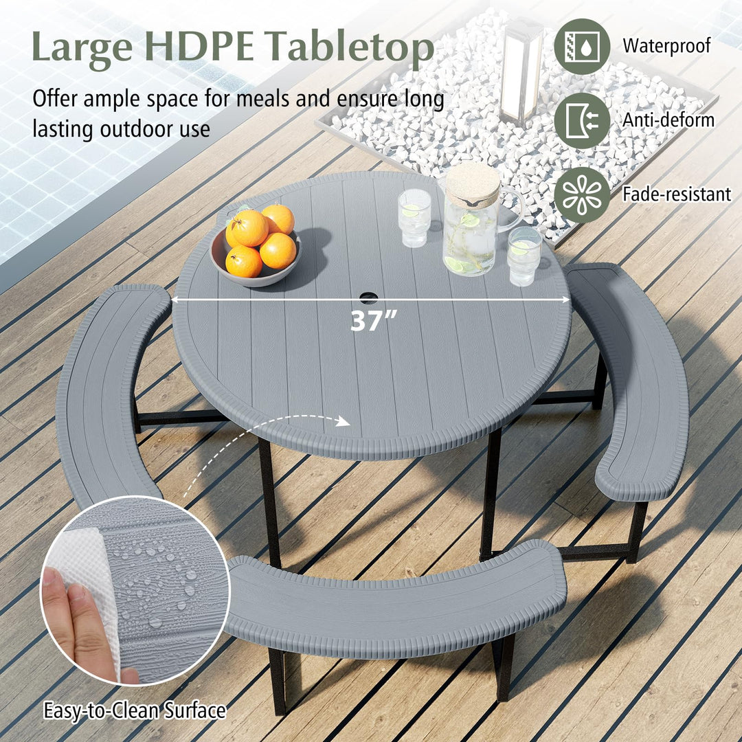 Giantex Round Picnic Table Bench Set with 4 Benches and Umbrella Hole for Patio Lawn