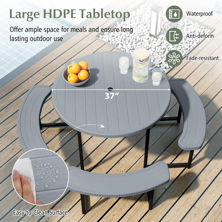 Giantex Round Picnic Table Bench Set with 4 Benches and Umbrella Hole for Patio Lawn