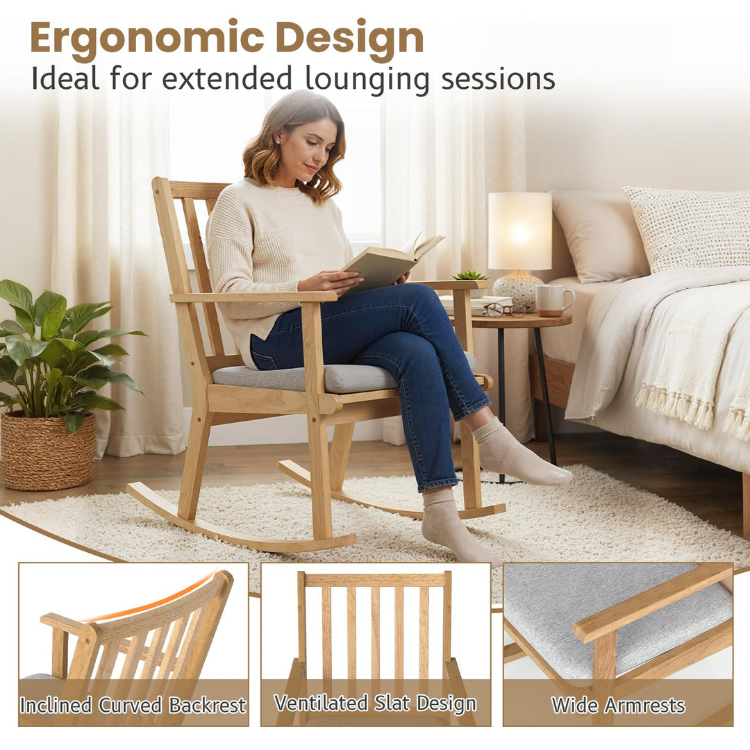 Giantex Rocking Chair with Cushion Solid Rubber Wood Rocker with Padded Seat