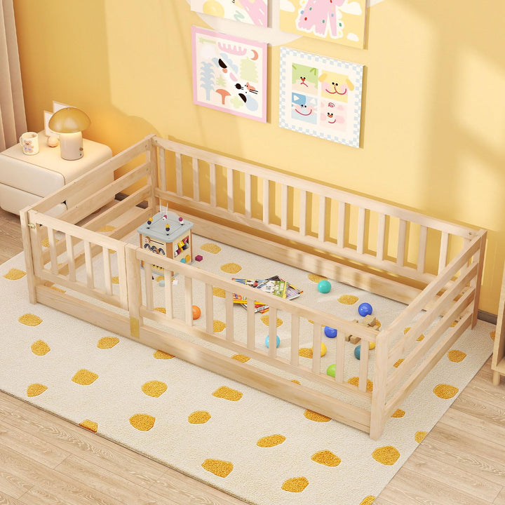 Giantex Twin Floor Bed with High Fence &amp; Door