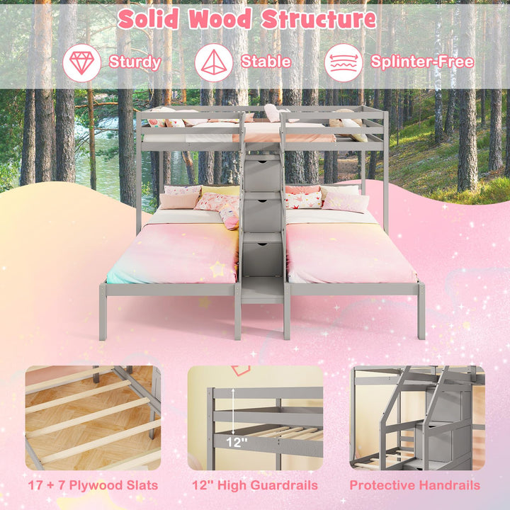 Giantex Twin Over Twin &amp; Twin Bunk Bed Triple Bunk Beds with 4-Step Storage Stair