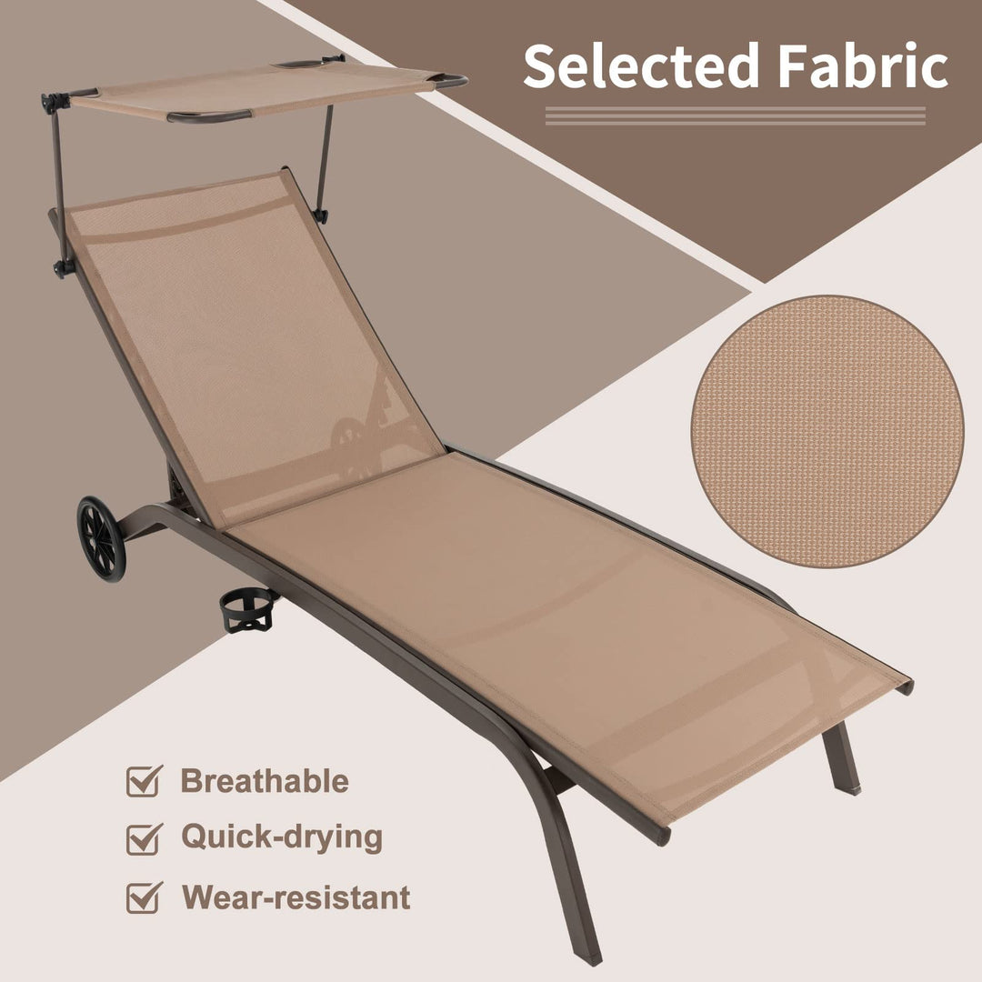 Giantex Outdoor Chaise Lounge Chair, Tanning Chair with Sunshade and Smooth Wheels, 6-Level Adjustable Position