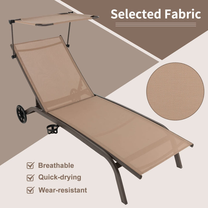 Giantex Outdoor Chaise Lounge Chair, Tanning Chair with Sunshade and Smooth Wheels, 6-Level Adjustable Position