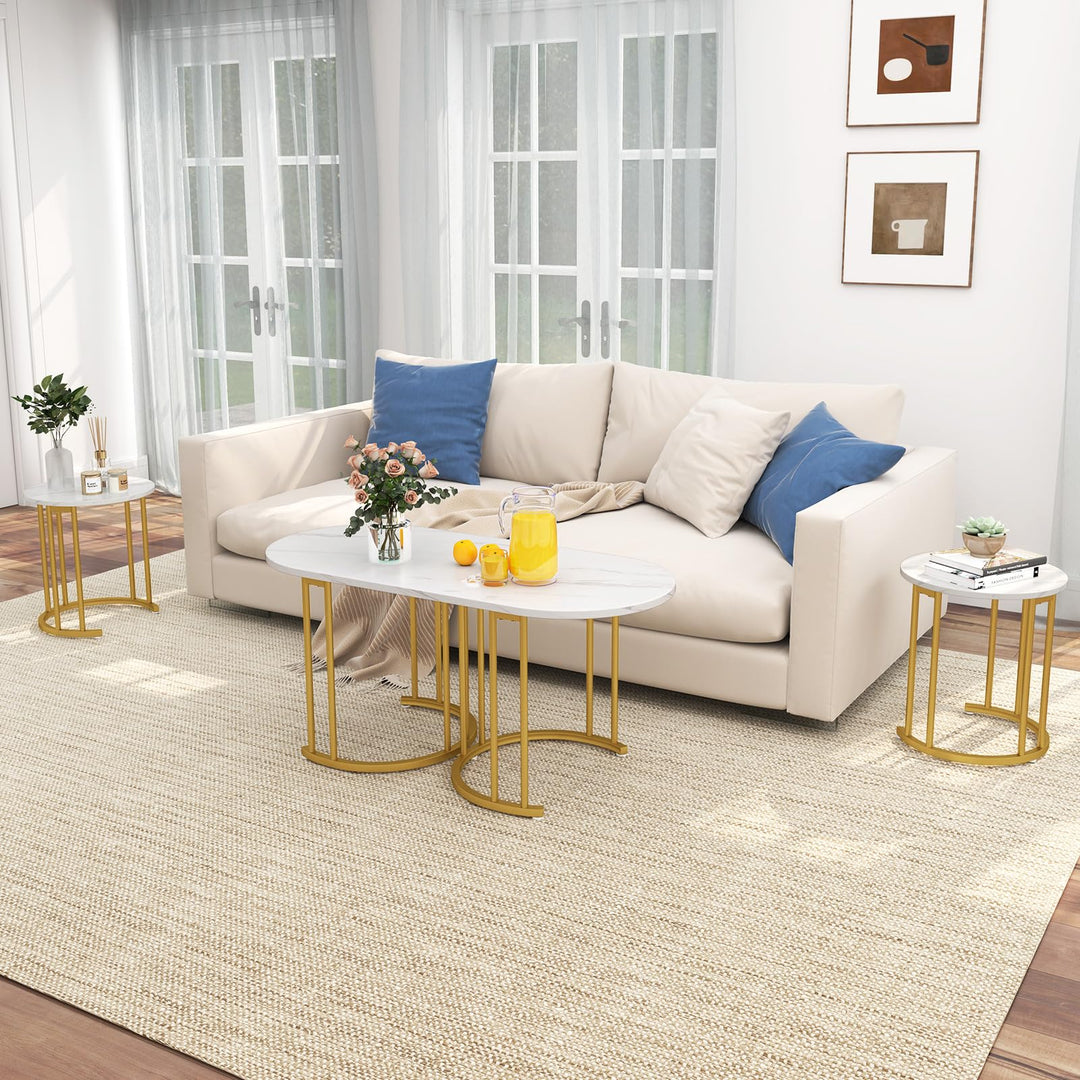Giantex Nesting Coffee Table Set of 3, Stacking Side Tables with Faux Marble Tabletop &amp; Gold Metal Frame