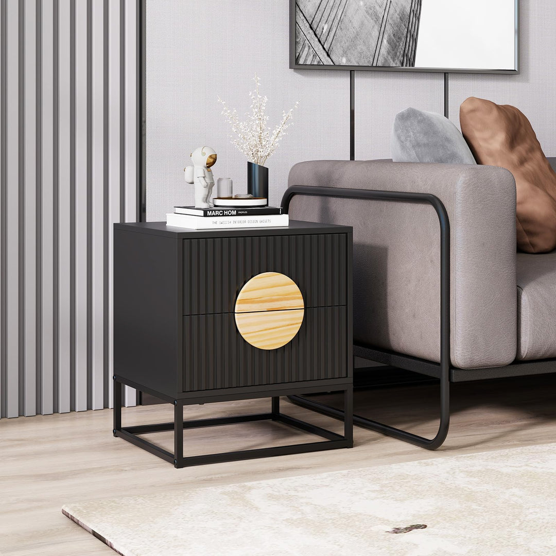 Giantex Fluted Nightstand with 2 Drawers with Natural Circle Handle &amp; Metal Frame