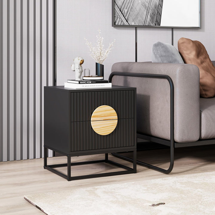 Giantex Fluted Nightstand with 2 Drawers with Natural Circle Handle &amp; Metal Frame