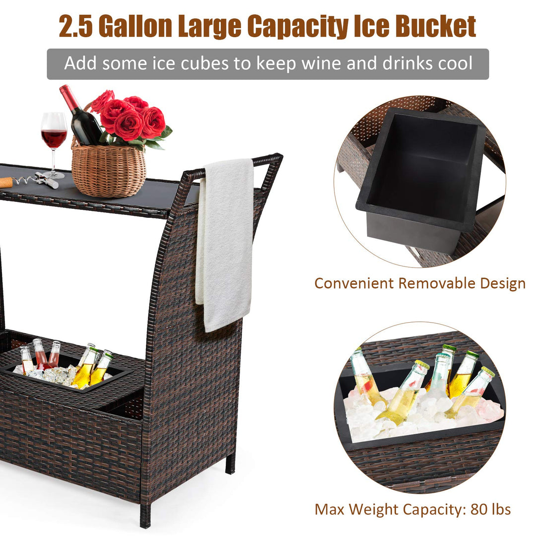 Giantex Rolling Wicker Cart Rattan Bar Cart Outdoor Serving Cart Wicker Trolley Portable Kitchen Trolley Cart W/Shelves and Big Drawer