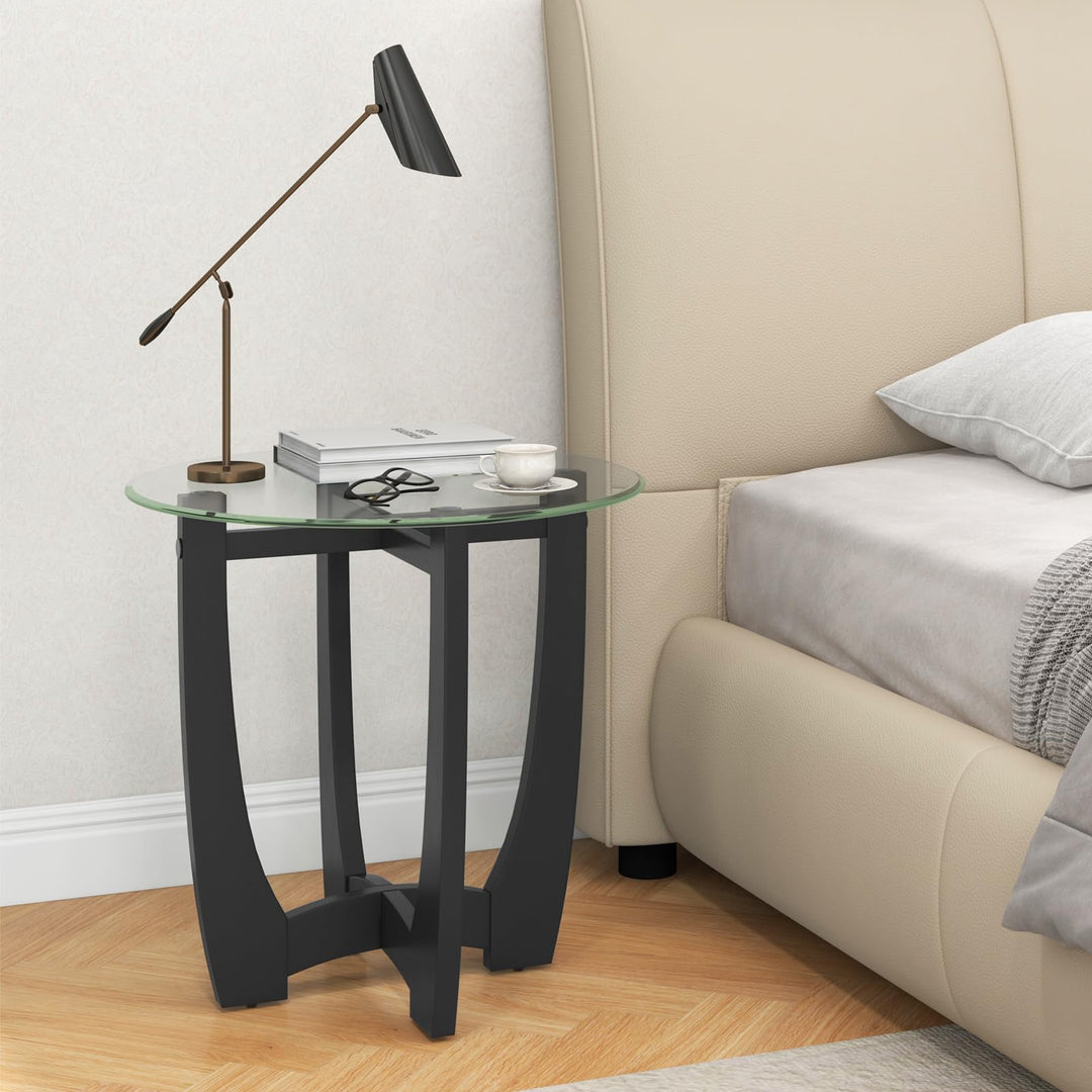 Giantex Glass End Table, Round Side Table with Rubber Wood Frame &amp; Tempered Glass Top, 23.5" Small Black Coffee Table