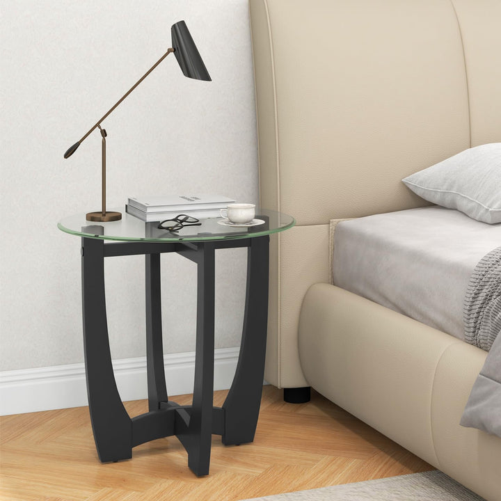 Giantex Glass End Table, Round Side Table with Rubber Wood Frame &amp; Tempered Glass Top, 23.5" Small Black Coffee Table