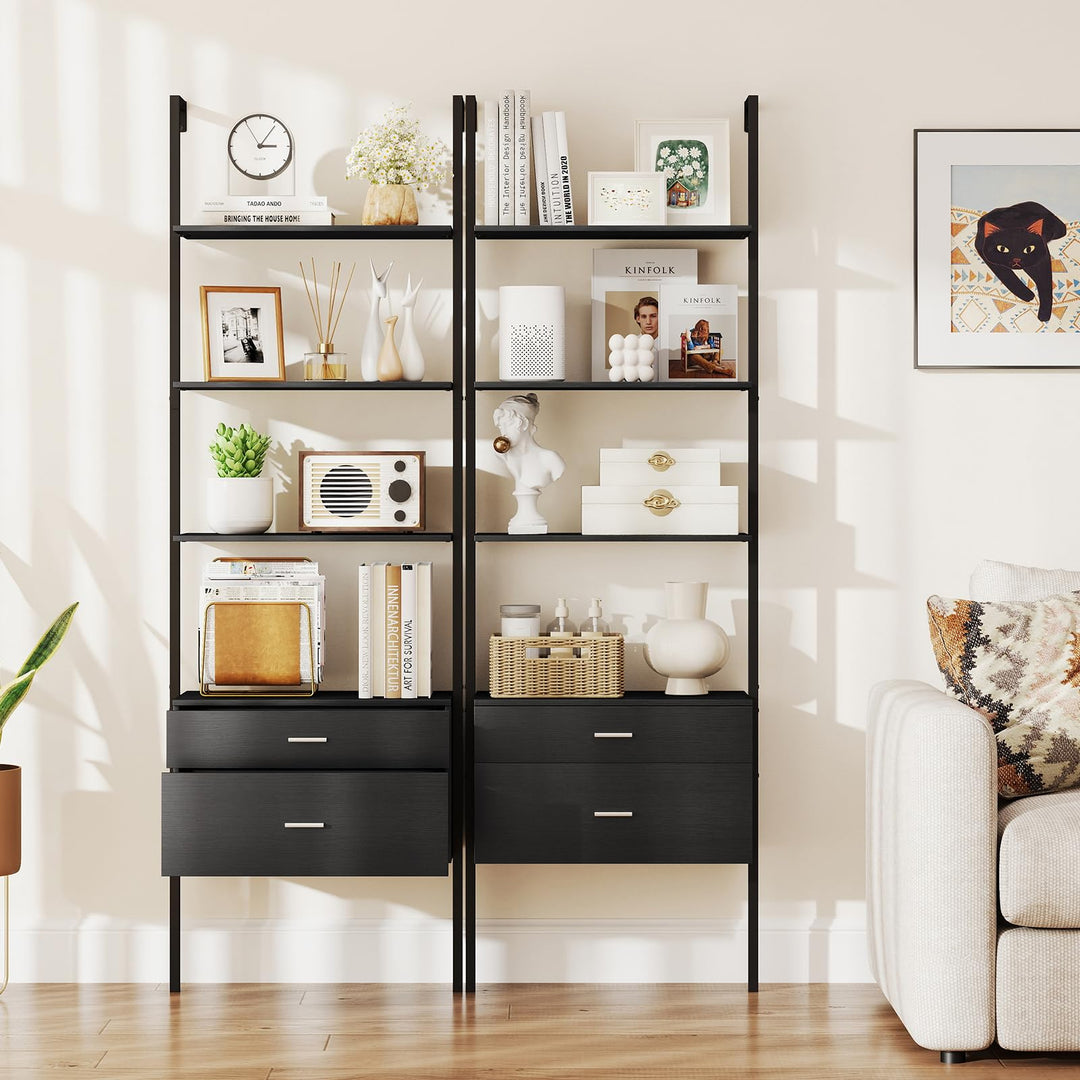 Giantex 6-Tier Ladder Bookcase with 2 Drawers 72.5" Tall Wall-Mounted Bookshelf with Metal Frame