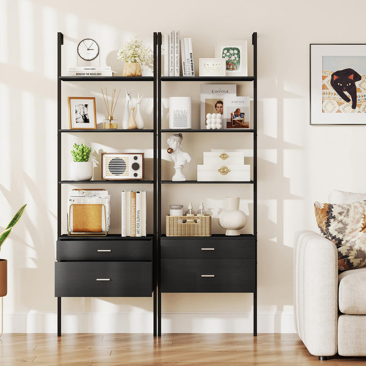 Giantex 6-Tier Ladder Bookcase with 2 Drawers 72.5" Tall Wall-Mounted Bookshelf with Metal Frame