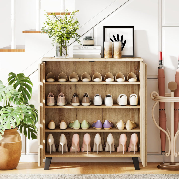 Giantex 4-Tier Farmhouse Shoe Rack Cabinet with 2 Slatted Doors &amp; Removable Shelves