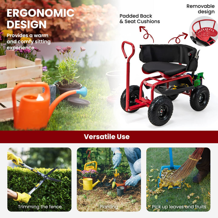 Giantex Cushioned Rolling Garden Cart Scooter with Storage Basket and Tool Pouch