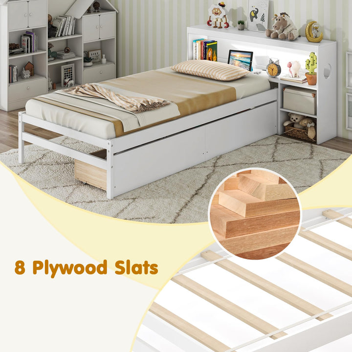 Giantex Wood Twin Bed Frame with Storage Drawer &amp; Headboard, Modern Platform Bed with Charging Station &amp; LED Light