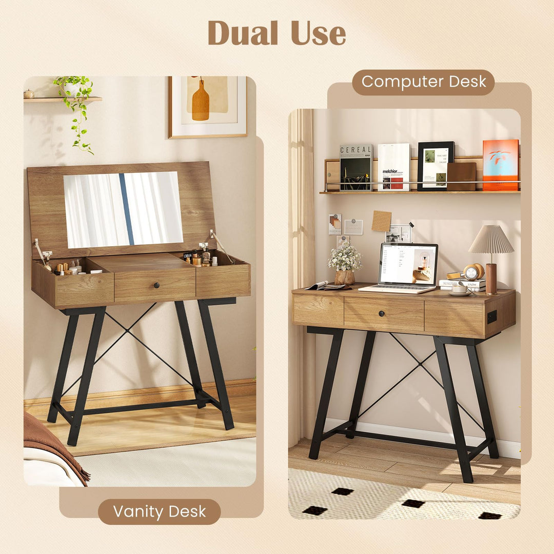 CHARMAID Vanity Desk with Flip Top Mirror with Charging Station