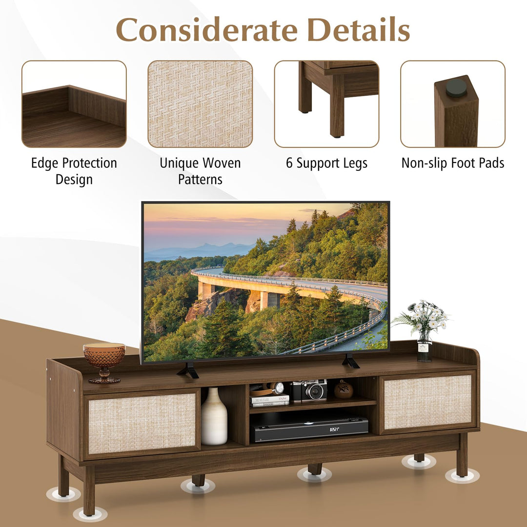 Giantex TV Stand for 65” TV, Entertainment Center with Woven Doors, Sliding Door, Adjustable Shelf &amp; Compartment