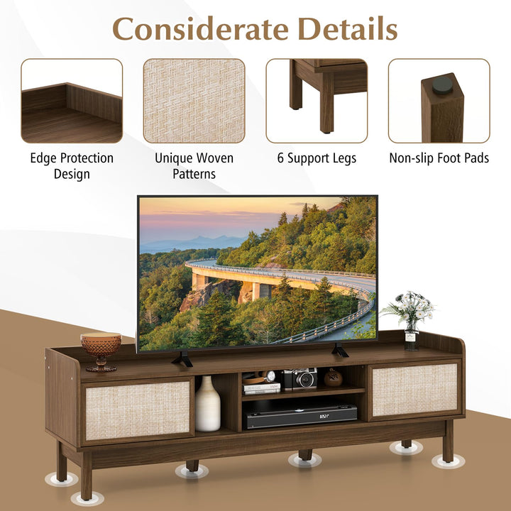 Giantex TV Stand for 65” TV, Entertainment Center with Woven Doors, Sliding Door, Adjustable Shelf &amp; Compartment
