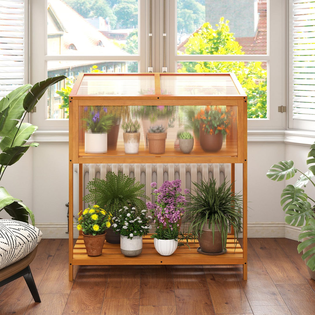 Giantex Wood Cold Frame Greenhouse with Transparent Openable Roof &amp; Slatted Shelf