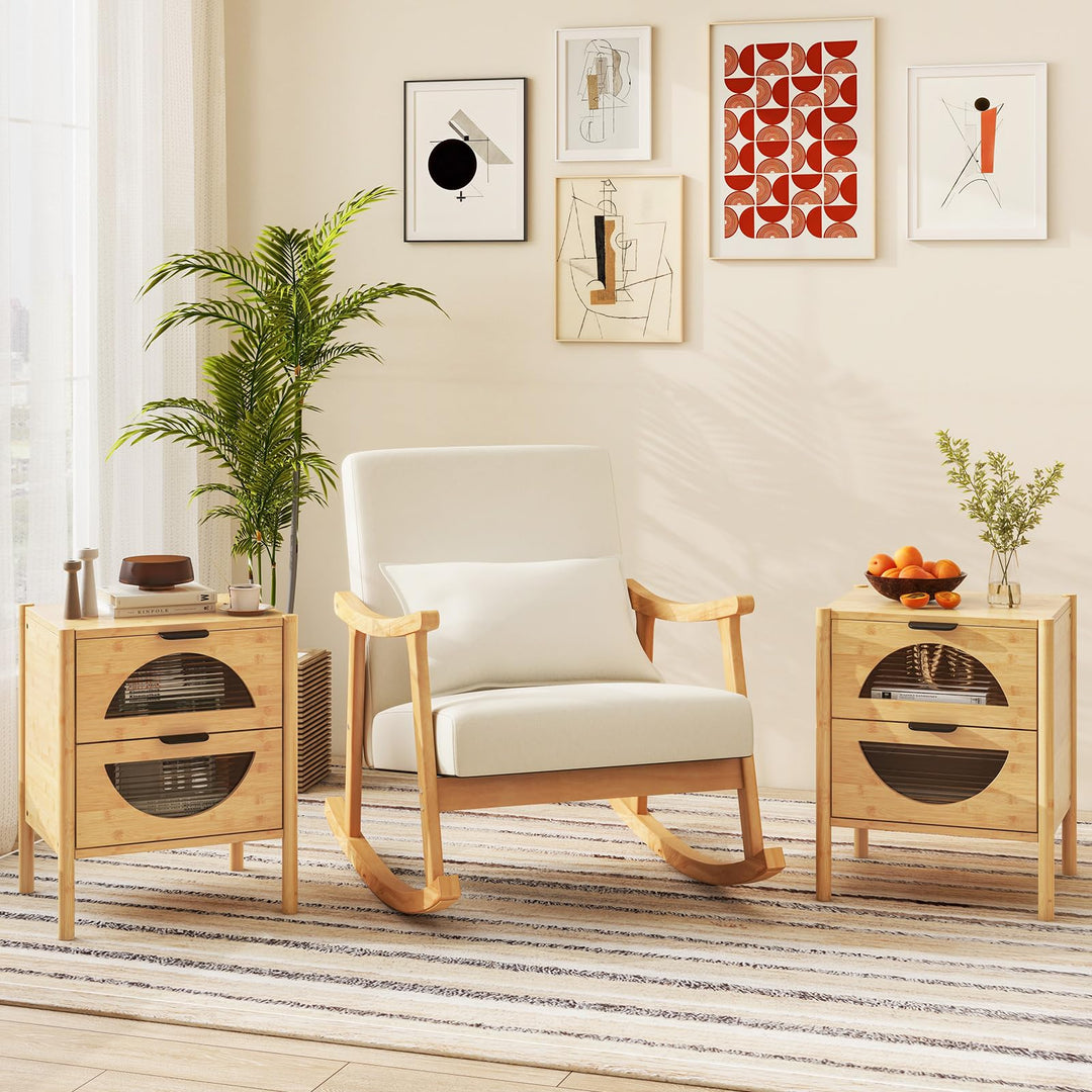 Giantex Bamboo Nightstand, Mid-Century Modern Bedside Table with 2 Storage Drawers &amp; Tempered Glass