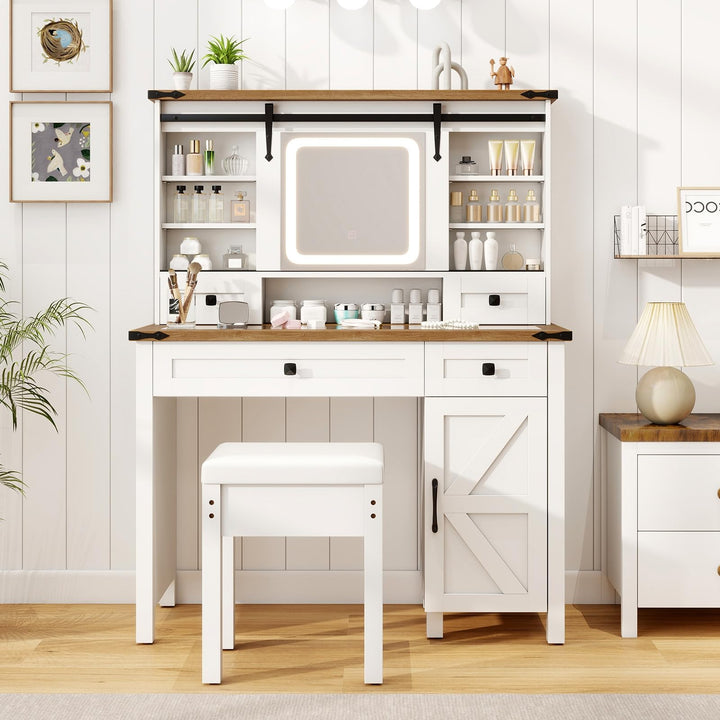 CHARMAID Farmhouse Vanity Desk with Barn-Style Sliding Mirror, Lights &amp; Stool (42" Wide,White &amp; Brown)